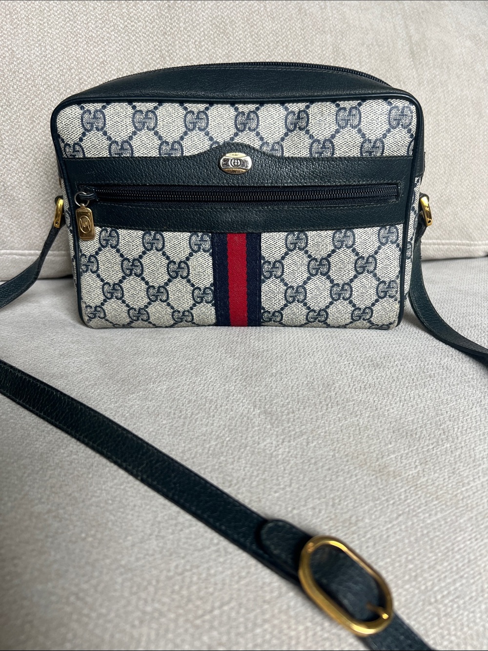 Gucci Navy, Ivory & Red GG Canvas Crossbody Bag, please see all pics